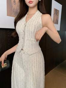 DAZY Women's Elegant Textured V-Neck Camisole And Wide Leg Pants 2 Pieces Set, Spring/Summer - White - View 1