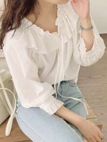 DAZY 女士浪漫荷叶边领长袖衬衫夏季 - 白色 - 查看 9