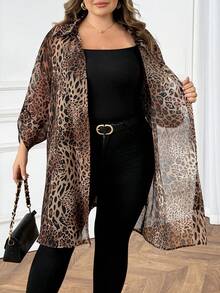 SHEIN CURVE+ 大码女式豹纹雪纺长袖衬衫，优雅休闲豹纹长袖露肩半裙，透明衬衫，适合办公室通勤教师、女性办公室、机场女教师、冬季女装、大码女式户外秋季服装长袖衬衫女式衬衫 - 彩色 - 查看 7