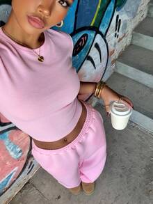 SHEIN EZwear 女士休闲纯色短袖T恤和字母印花长裤套装 - 粉色 - 查看 6