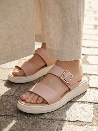 Sandalias casuales con plataforma baja para dama con tiras y hebilla, estilo cómodo para uso diario elegantes