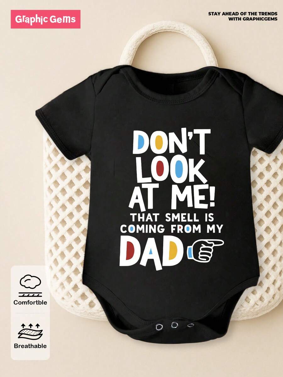 SHEIN Playful Pals Baby Boys' Casual Fashionable Creative Personalized Refreshing Simple Cute Kawaii Cartoon Finger Design Colorful Letter Slogan Graphic Print Comfortable Basic Crew Neck Short Sleeve Bodysuit, Cozy Summer Styles Suitable For Baby Boys' Daily Wear - Black - View 1