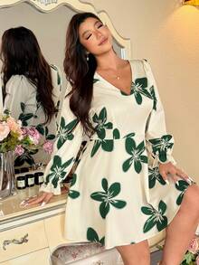 Vionelle 大码女装春夏新款连衣裙，褶皱质感印花长袖V领优雅浪漫连衣裙，A字宽松版型连衣裙 - 杏色 - 查看 7