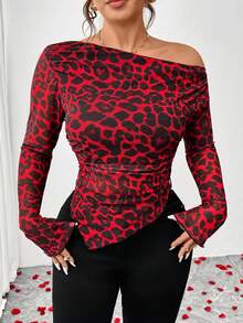 Elenzga Plus Size Women's Classy Leopard Print Long Sleeve Top,Off Shoulder Oblique Fitted T-Shirt,Black And Red Autumn Night Out Club Elastic Mesh Fabric - Multicolor - View 4