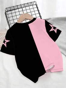 1 pieza Blusa de manga corta con cuello redondo y estampado de niña estrella de K-POP de colores, adecuada para uso diario y vacaciones de niñas jóvenes, primavera, verano, todo el año - Rosa - Ver 2
