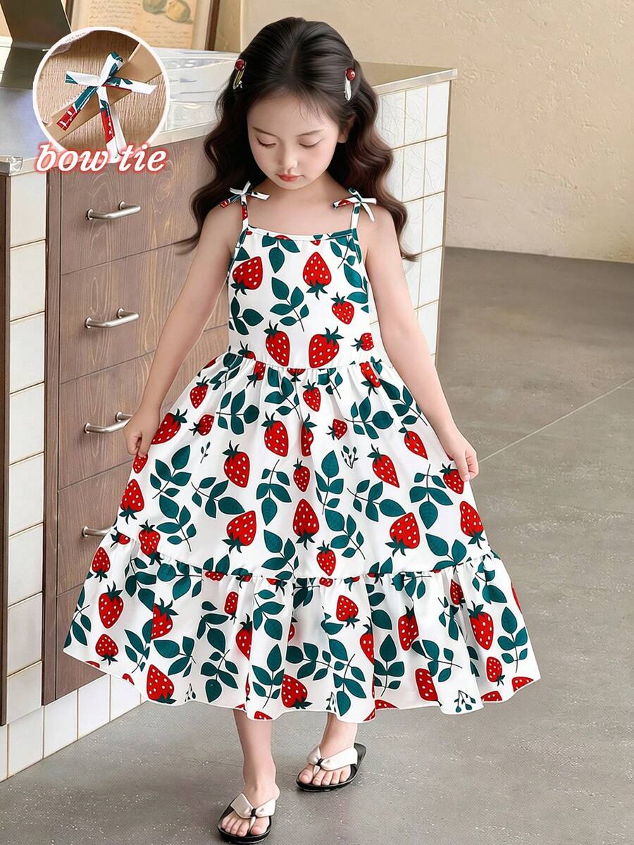 SHEIN Vintaside Kids Young Girls Summer Casual Fashion New Dress, Woven Fabric Strawberry Digital Print Pattern, Sleeveless Strap With 3D Bow Decor, Patchwork Hem Dress, Suitable For Young GirlCute & Charming, Casual & Fashionable, Suitable For Daily, School, Outing, Holiday, Beach, Vacation, Summer Outfit Girls Sleeveless Dress Kids Strawberry Dress Girls Aline Dress Girls Sundress Girls Midi Dress Girls Summer Dress Kids Strawberry Print Dress Girls Casual A-Line Dress Girls Sleeveless Midi Dress Kids Casual Dress - Multicolor - View 1