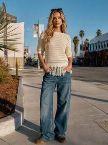 Maija 女士纯色圆领短袖镂空流苏下摆针织上衣，适合夏季假期、春假、春季、海滩、生日、外出等场合，优雅休闲，杏色上衣 - 杏色 - 查看 6