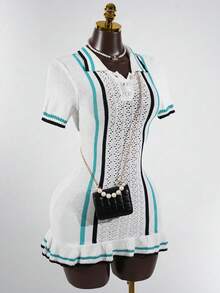 SaltGleam SaltGleam Collared Pearl Button Striped Hollow Crochet Ruffle Hem Fashionable Elegant Women Sweater Dress - Multicolor - View 1