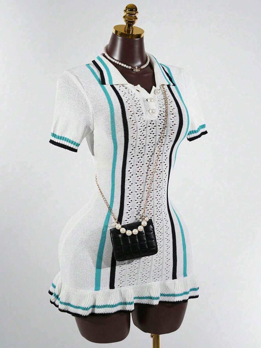 SaltGleam SaltGleam Collared Pearl Button Striped Hollow Crochet Ruffle Hem Fashionable Elegant Women Sweater Dress - Multicolor - View 1