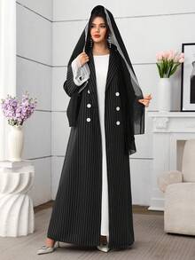 Al Najma Áo khoác dài hai hàng cúc, tay loe, viền ren, ve áo, họa tiết sọc đen trắng, kèm khăn voan, thích hợp cho mùa Thu/Đông. - màu đen - Xem 7