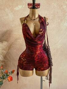 Soleia 女款酒紅色復古漸層網紗金屬裝飾深V連身褲，夏季掛脖抓皺連身短褲，夜店泳池派對音樂節穿搭 - 酒紅色 - 查看 10