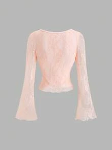 Sweetra 女士性感蕾丝蝴蝶结前领方领长袖上衣，休闲Y2K风格 - 淺粉色 - 查看 2