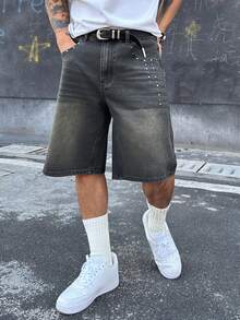 DAZY 男士水洗做旧黑色牛仔短裤，夏季 - 黑色 - 查看 4