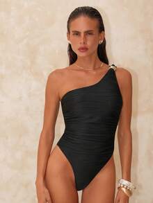 Swim Chiccia 1件装女士纯色波浪纹连体泳衣，带金色装饰 - 黑色 - 查看 8