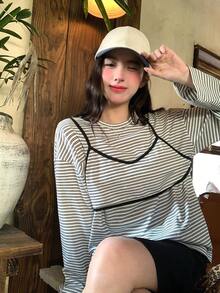 DAZY Women's Striped Round Neck Long Sleeve T-Shirt With Layered Camisole, 2-Piece Korean Style Set - Black and White - View 1