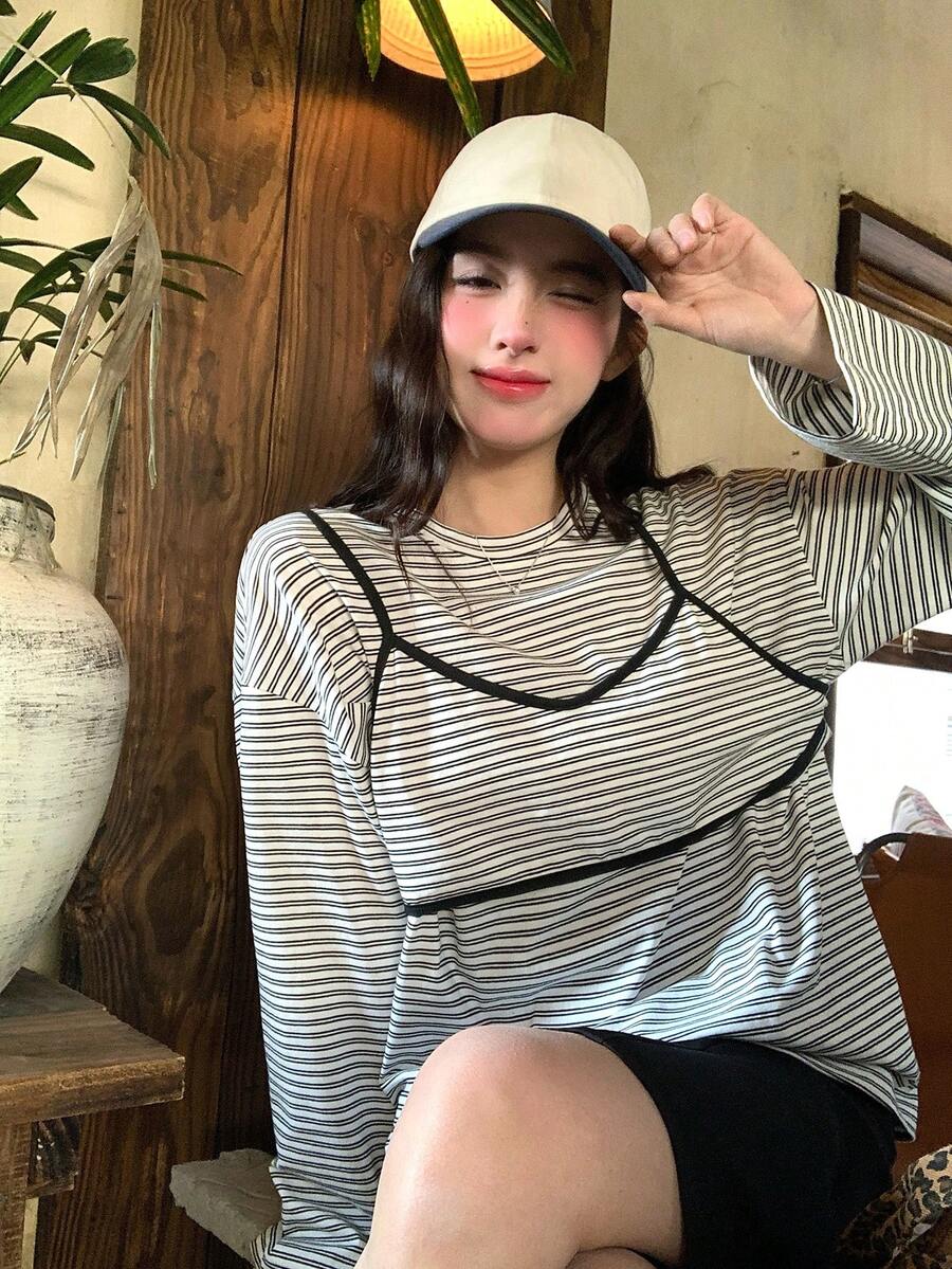 DAZY Women's Striped Round Neck Long Sleeve T-Shirt With Layered Camisole, 2-Piece Korean Style Set - Black and White - View 1
