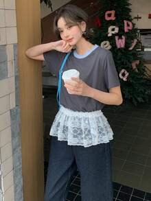 DAZY Women's Stylish American Shoulder Short Sleeve T-Shirt, Slim Fit Casual Top - Grey - View 4