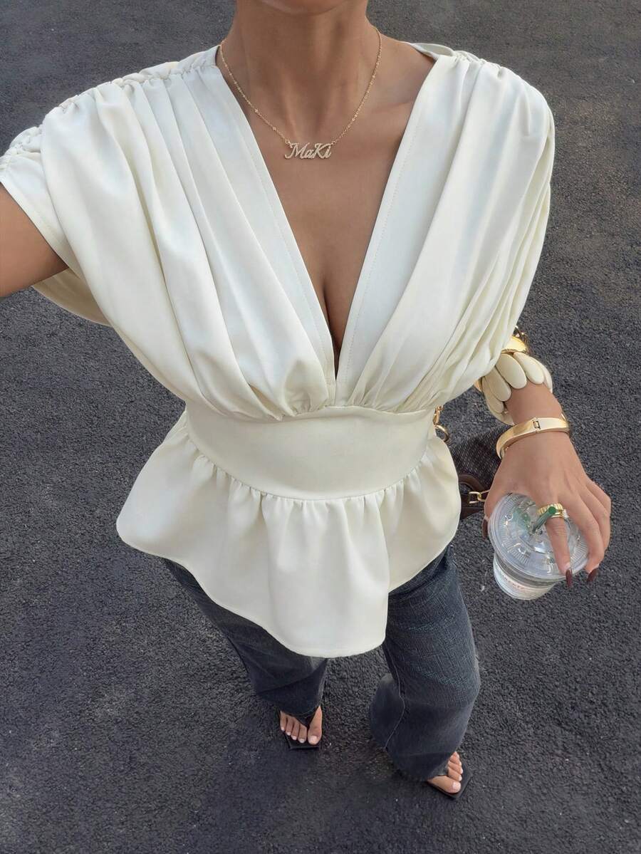 Siren Gaze 女士纯色深V领露背上衣，教师款上衣，复古风，街头风，优雅款上衣，可爱款上衣，夏季服装，夏季休闲装 - 杏色 - 查看 1