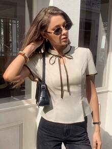 Elyressa 女士夏季系领短袖修身优雅衬衫 - 杏色 - 查看 3