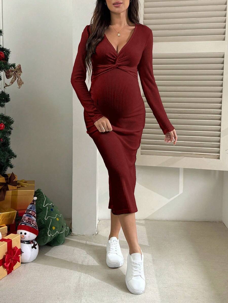 SHEIN 纯色V领扭结长袖修身开衩孕妇连衣裙 - 酒紅色 - 查看 1