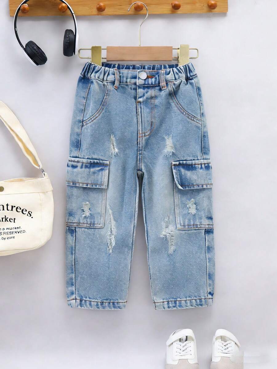 SHEIN Infant/Toddler Boys' Cotton Elastic Waist Cargo Pocket Casual Pants - Light Wash - View 1
