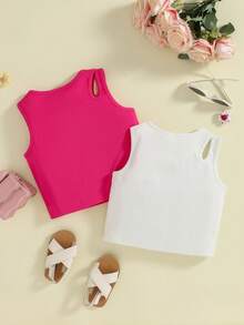 SHEIN Set de 2 tops cortos ajustados con bordado 3D de toalla elegante y vibrante para niñas, en blanco y burdeos - Multicolor - Ver 8