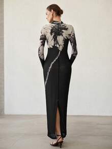 MOTF PREMIUM WOMEN'S FLORAL PRINT SLIT FITTED DRESS - Black and White - View 3