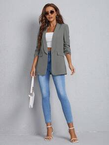 EURMUSE Women's Casual/Work Notch Collar Faux Pocket Flap Detail Blazer - Grey - View 3