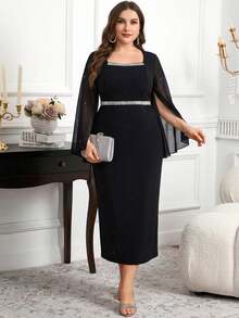 Reflora Đầm ôm dáng thanh lịch dành cho nữ cỡ lớn, cổ vuông, tay xẻ, đính ngọc trai giả, thích hợp cho tiệc tùng và hẹn hò. - màu đen - Xem 10