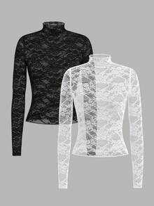 SHEIN PETITE 2pcs Pair Women Lace & Mesh Long Sleeve Sexy Top, 2 Pieces Set See Through Top Women Sexy Tops - Multicolor - View 5