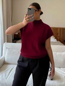 Dripcurv 女士大码酒红色优雅高领宽松休闲百搭T恤，适合秋冬季节、情人节、春季、夏季外出穿着，时尚系列 - 酒紅色 - 查看 4