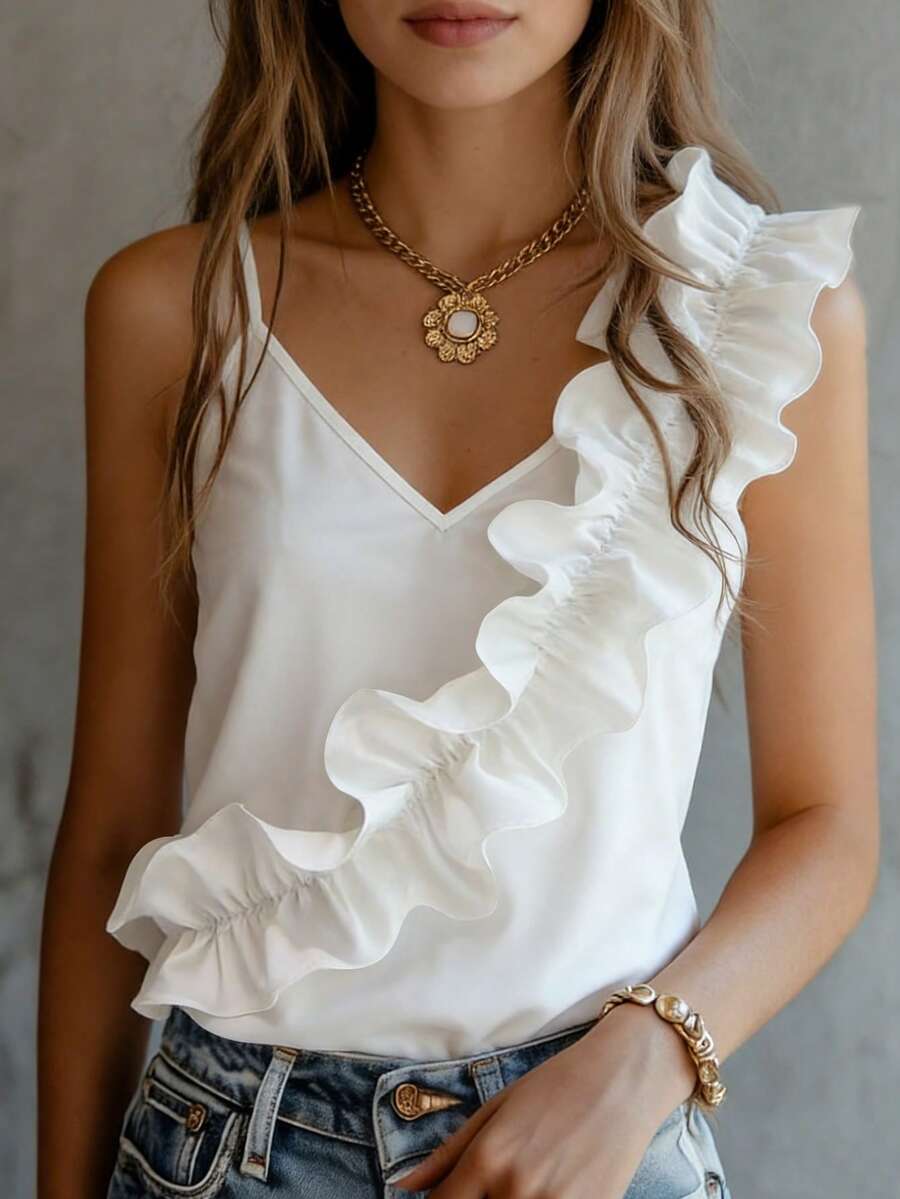 Balvessa Women's White Asymmetric Ruffle Hem Fashionable Blouse - White - View 1