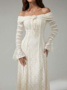 SHEIN Tall 下午茶时光甜美优雅露肩长袖连衣裙约会装扮3D立体花卉连衣裙 - 白色 - 查看 8