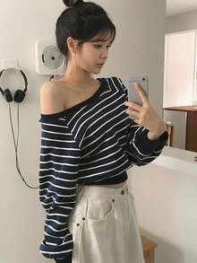 DAZY 女士宽松不对称肩条纹长袖卫衣 - 藏蓝色 - 查看 6