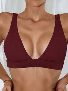 SHEIN Swim Solid Color Bikini Top For Beach Vacation - Brown - View 6