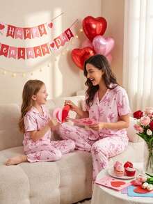 女童休闲甜美风蝴蝶结爱心睡衣套装，浅粉色蝴蝶图案翻领短袖上衣搭配长裤两件套家居服 - 粉色 - 查看 4