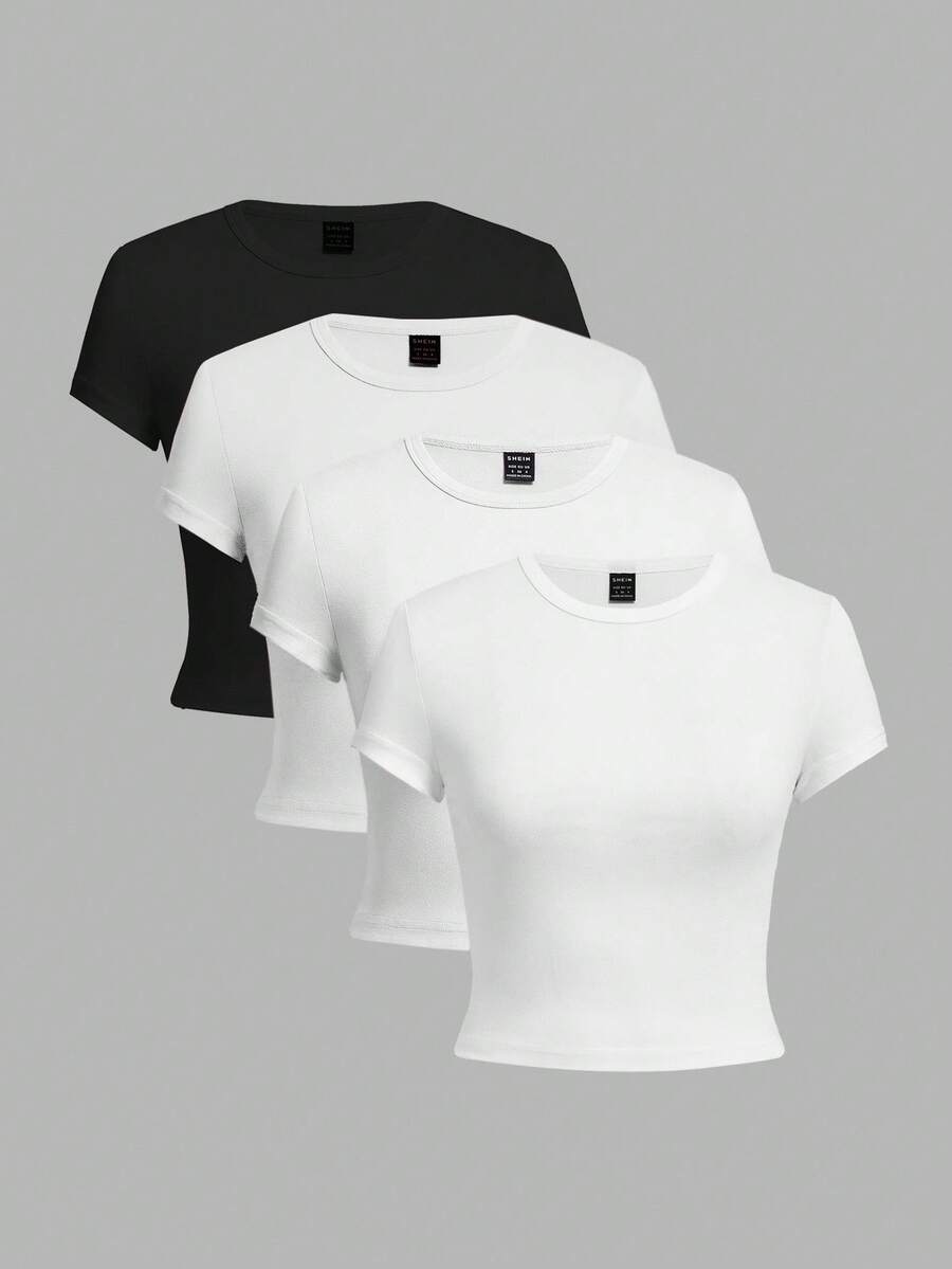 SHEIN EZwear 4件套休闲圆领短袖修身女式T恤,适合夏季穿着 - 彩色 - 查看 1