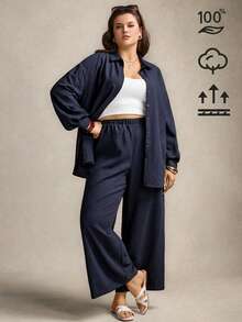 Zelara Plus Size Navy Blue Solid Button Front Long Sleeve Top And Pants 2 Pieces Set,Women's Smart Casual Autumn Vacation Outfits,Modest Abaya Beach Dress - Dark Green - View 7