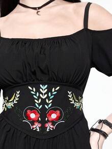 ROMWE Goth 哥特式刺绣露肩中长连衣裙（女款） - 黑色 - 查看 2