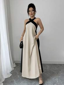 Elenzga Plus Size Women's Elegant Color Block Halter Backless Dress With Bow Tie, Summer - Khaki - View 4