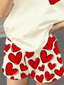2pcs Tween Girls Casual Minimalist Short Sleeve T-Shirt And Shorts Set,White And Red,Summer,Cute,Funny,Vacation Gift Graffiti Heart Print - Multicolor - View 4