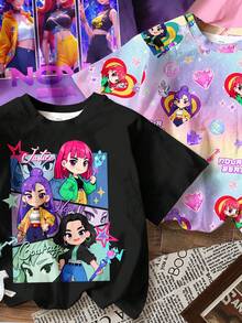 SHEIN 4件套少女返校卡通女孩肖像T恤，K-Pop巨星图案，色彩缤纷，黑紫粉撞色设计，时尚撞色拼接，宽松休闲落肩圆领短袖基础款T恤，适合春夏穿着，休闲校园风、运动休闲、户外野餐、街头风、居家穿着。 - 彩色 - 查看 9