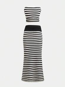 SHEIN Tween Girls Striped Bandeau Top And Mini Skirt Set, Fashionable For Vacation, Party And Outings Vacation Two Piece Set Striped Crop Top And Skirt Summer Two Piece Set Skirt Two Piece Set Tween Girls Striped Two Piece - Black and White - View 4