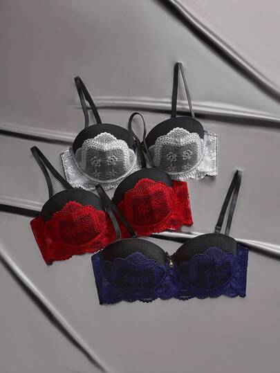 EmpressEnvy 3件套女士性感蕾丝边钢圈文胸，多色