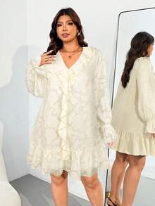 Enliva Valentine Plus Size Women Long Sleeve Loose Dress, Laser Cut Fabric Detail, For Apple Rounded Body Shape - Apricot - View 4