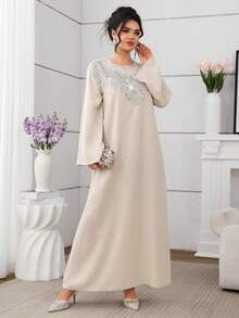 Al Najma Women's Elegant Apricot Long Sleeve Rhinestone Collar Floral Arabic Style Dress, Spring/Summer - Apricot - View 6