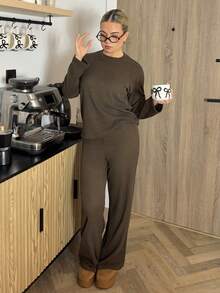 Bethéva 2 件套女士纯色圆领落肩长袖休闲针织纹理套装 - 棕色 - 查看 4