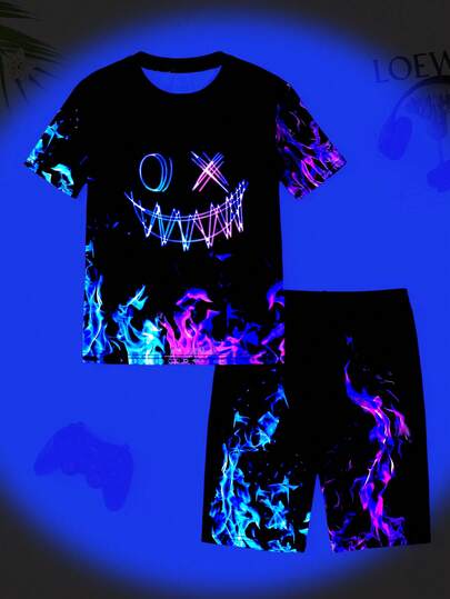 两件套儿童/青少年男童休闲日常百搭舒适印花圆领宽松套头短袖上衣和短裤针织紧身睡衣套装