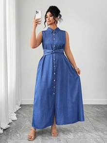 Elenzga Women's Plus Size Sleeveless Denim Effect Shirt Dress Long Blue With Collar And Pockets For Casual Wear - Blue - View 3
