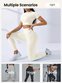 SHEIN Core Rhythm 2件套高弹无缝女士纯色插肩短袖露脐T恤和紧身裤运动套装，女士塑形运动服，女士紧身裤和上衣套装，女士紧身裤套装，2件套速干运动套装，女士健身服套装，2件套健身套装，紧身裤套装，2件套健身套装，瑜伽运动服套装，女士运动套装，夏季女士套装 - 米色 - 查看 11